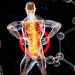 a skeleton with a red and blue body suit and long legs